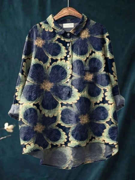 Button-Up Floral Blouse with Classic Pointed Collar & Long Sleeves 3