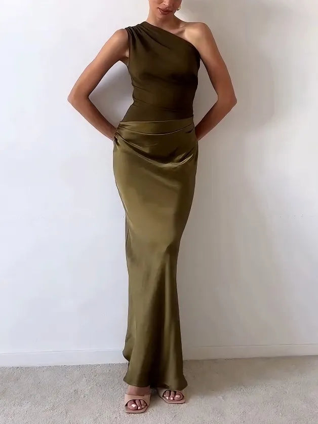 One Shoulder Pleated Maxi Dress – Elegant Floor-Length Gown 8