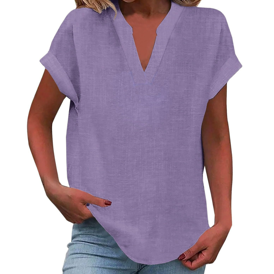 Women's V-Neck Blouse Short Sleeve Plain Curved Hem Top 1