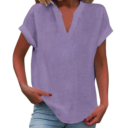 Women's V-Neck Blouse Short Sleeve Plain Curved Hem Top 1