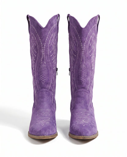 Knee-High Embroidered Cowboy Boots — Suede Block Heel 17