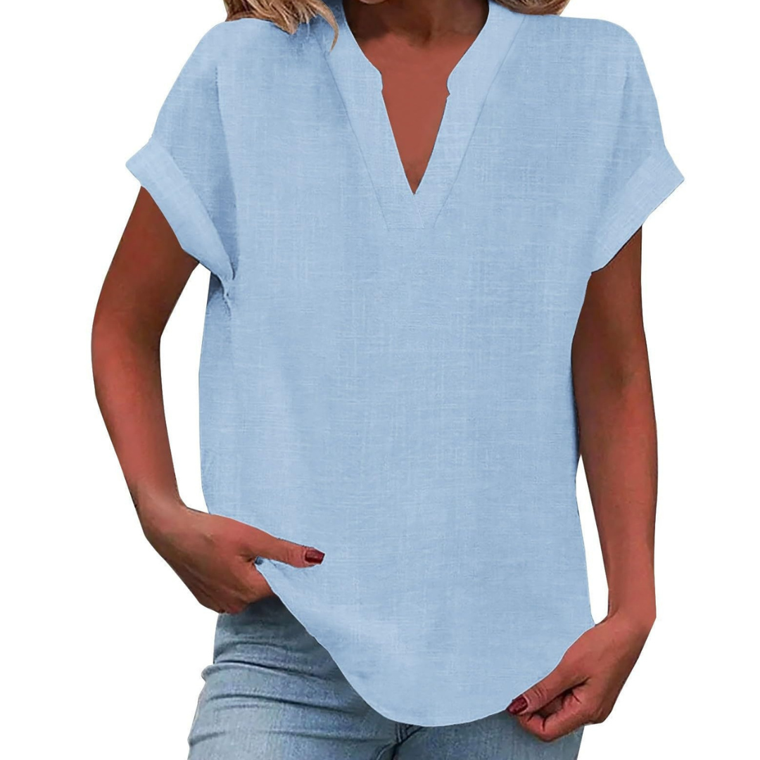 Women's V-Neck Blouse Short Sleeve Plain Curved Hem Top 3