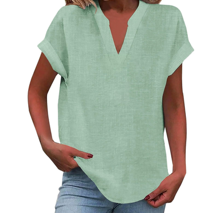 Women's V-Neck Blouse Short Sleeve Plain Curved Hem Top 6