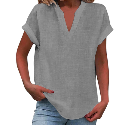 Women's V-Neck Blouse Short Sleeve Plain Curved Hem Top 5