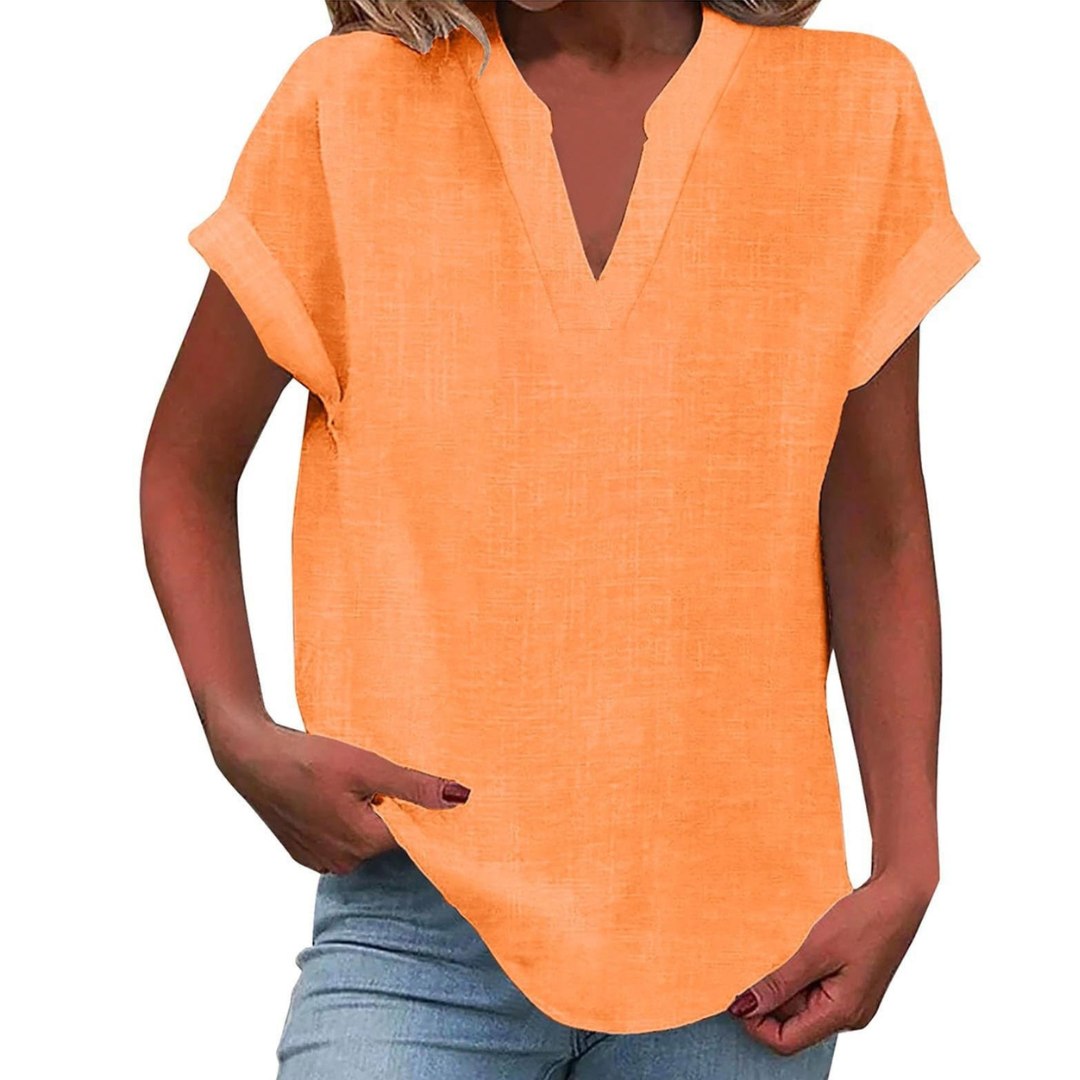 Women's V-Neck Blouse Short Sleeve Plain Curved Hem Top 8