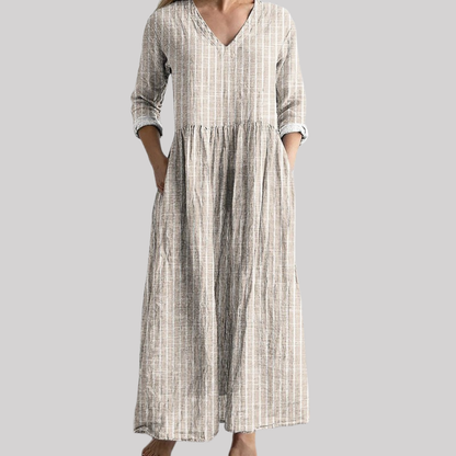 Vintage Stripe Linen Dress | Women's Dress with V-Neck & Ankle-Length Design | Effortless Elegance for Summer Styling