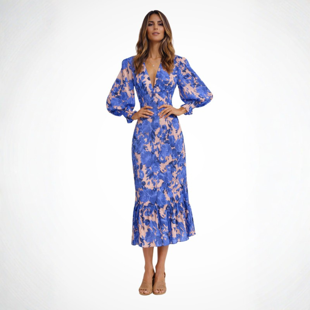 Wren Collection | Women's Floral Midi Dress with V Neckline | Elegant Summer Style for Effortless Charm