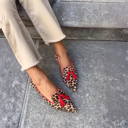 Pointed Loafers for Women with Red Tassels & Animal Print Design | Chic Style for Versatile Outfits