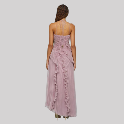 Elegant Summer Maxi Dress with Layered Ruffles & Open Back Design for Wedding Guests
