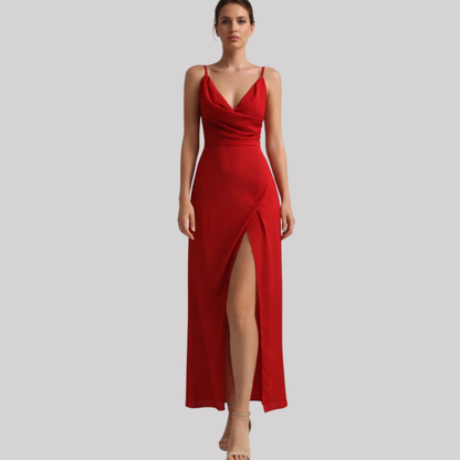 Elegant Maxi Dress | Women's Formal Dress with High Slit & Draped Bodice | Perfect for Weddings and Special Occasions