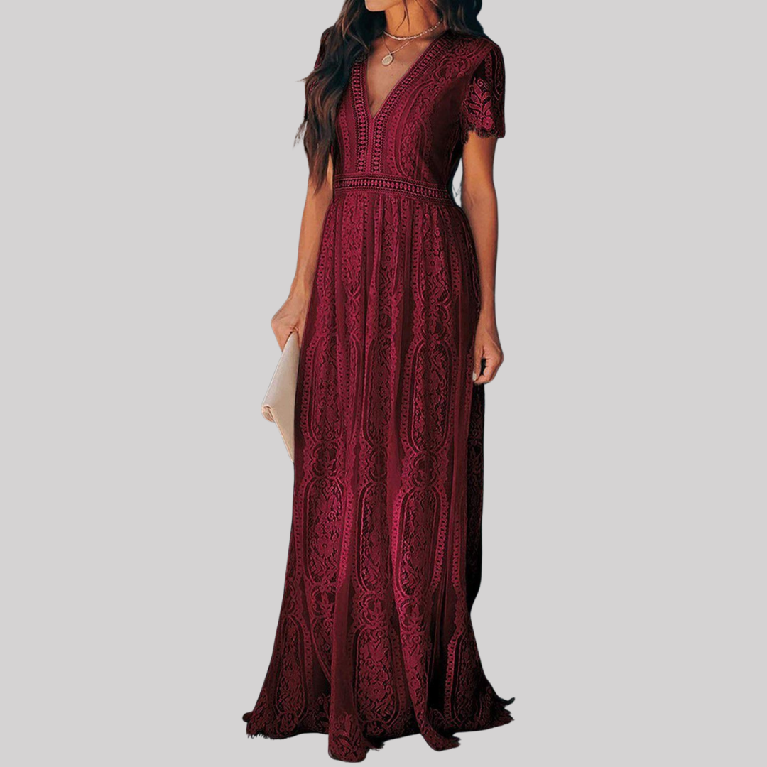 Elegant Burgundy Maxi Dress for Women with Deep V Neckline | Romantic Style for Special Occasions