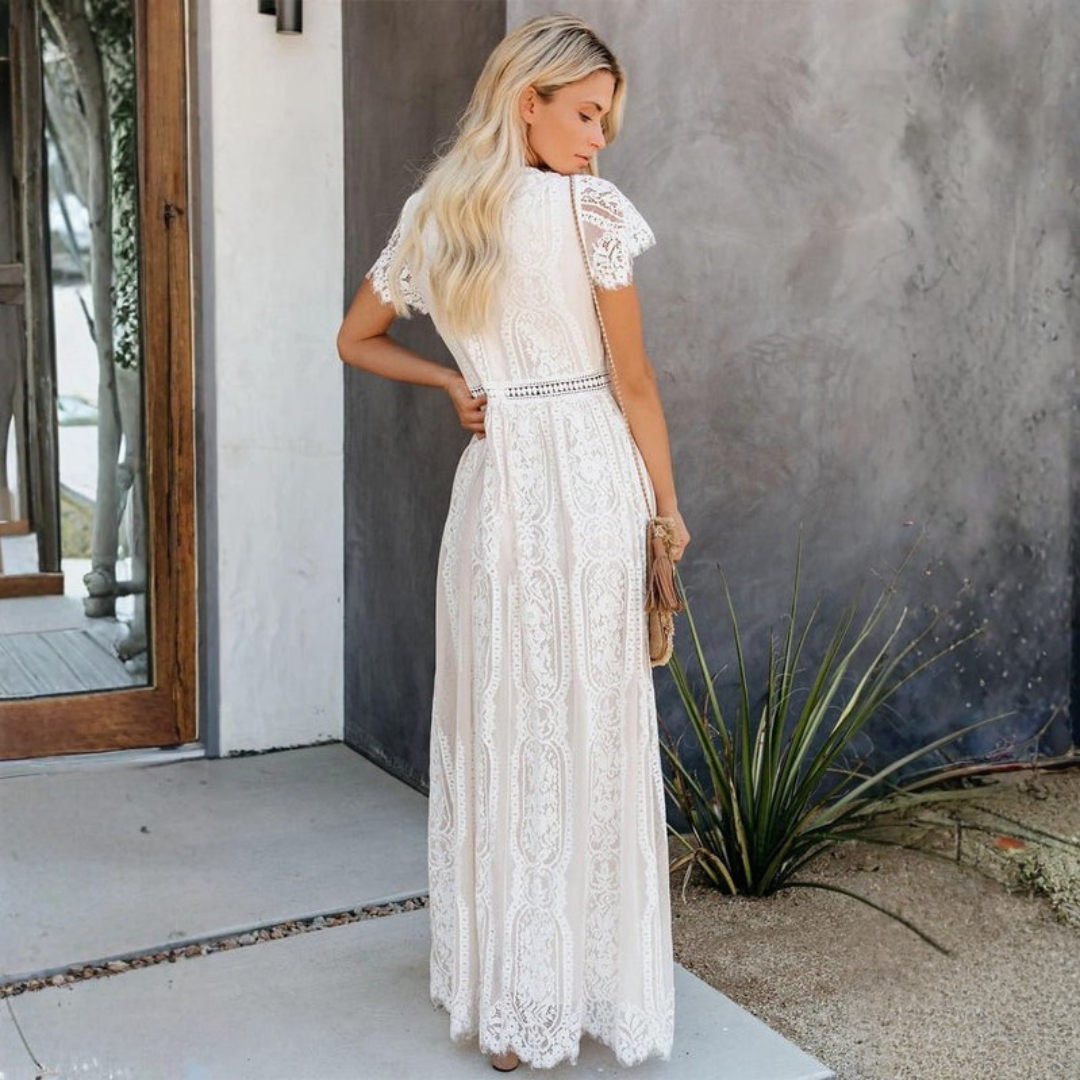 Elegant Lace Maxi Dress | White Maxi Dress with Tulle Underlay for Romantic Occasions