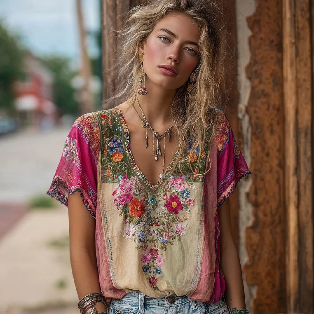 Bohemian Floral Embroidery Women's T-Shirt with V-Neck Design | Stylish Summer Top for Everyday Wear
