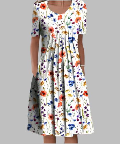 Floral Printed Midi Dress - Short Sleeve with Side Pockets 1