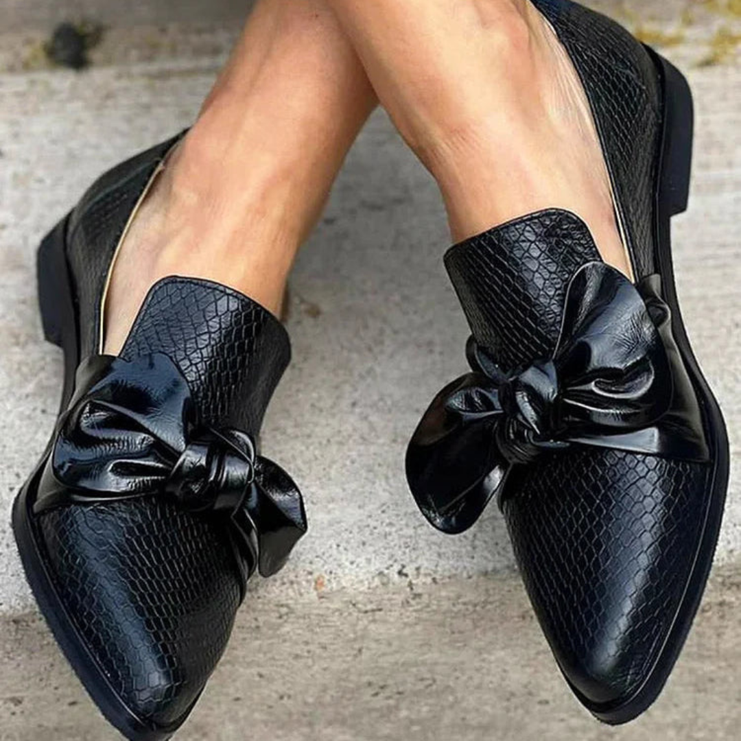 Elegant Black Loafers for Women with Shiny Bow Detail | Stylish Footwear for Any Occasion