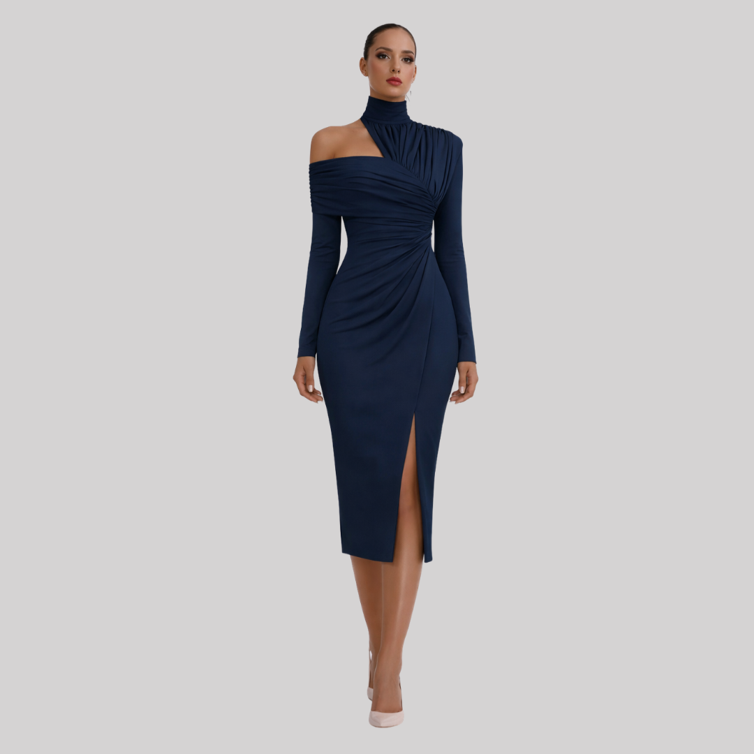 Delphina | Women's Asymmetric Midi Dress with Draped Bodice | Elegant Wedding Guest Attire