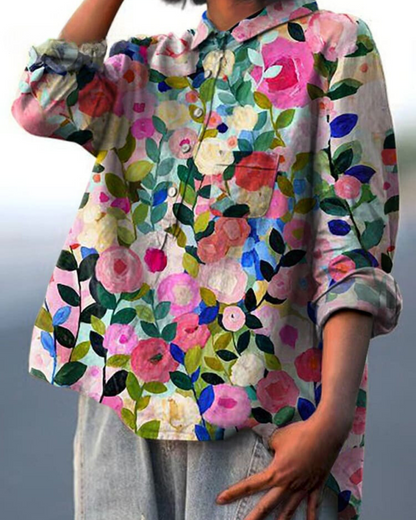 Button-Up Floral Blouse with Classic Pointed Collar & Long Sleeves 2