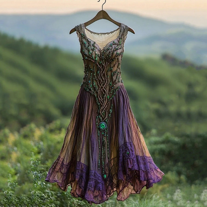 Tribal Elegance | Women's Midi Dress with Gradient Lace Splicing | Vintage Style for Summer Outings