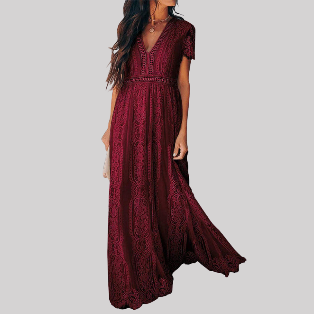 Elegant Lace Maxi Dress | Women's Dress with Deep V Neck & Short Sleeves | Perfect Wedding Guest Dress for Timeless Style