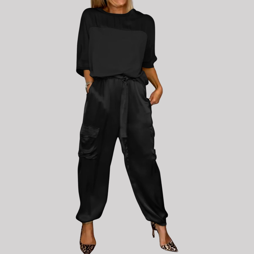 Chic Satin | Women's Two Piece Set with Loose-Fitting Top & Cargo Pants | Effortless Style for Casual & Night Out