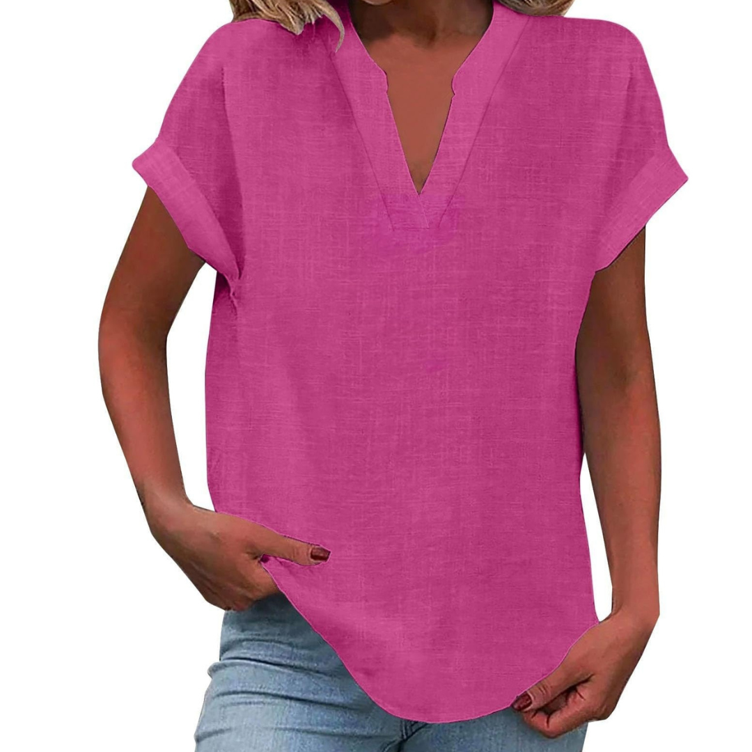 Women's V-Neck Blouse Short Sleeve Plain Curved Hem Top 10