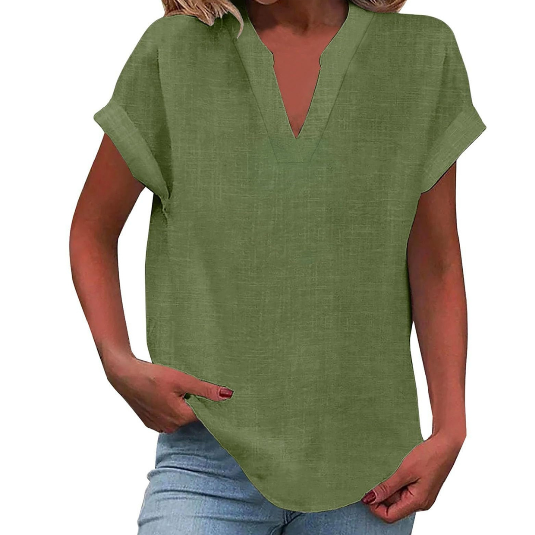 Women's V-Neck Blouse Short Sleeve Plain Curved Hem Top 13
