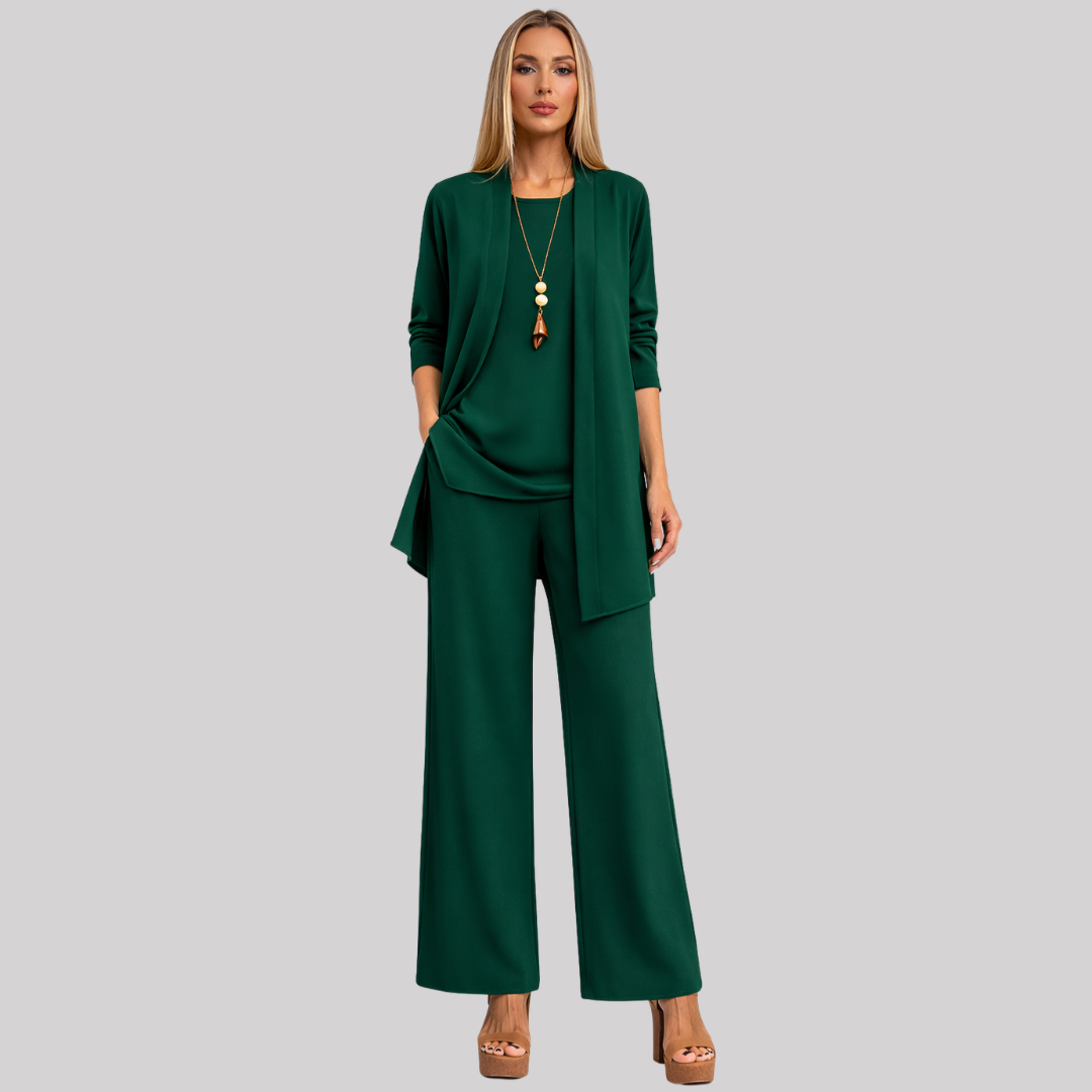Elegant 3-Piece Women's Set | Open-Front Cardigan & Wide-Leg Trousers | Versatile Styling for Effortless Chic