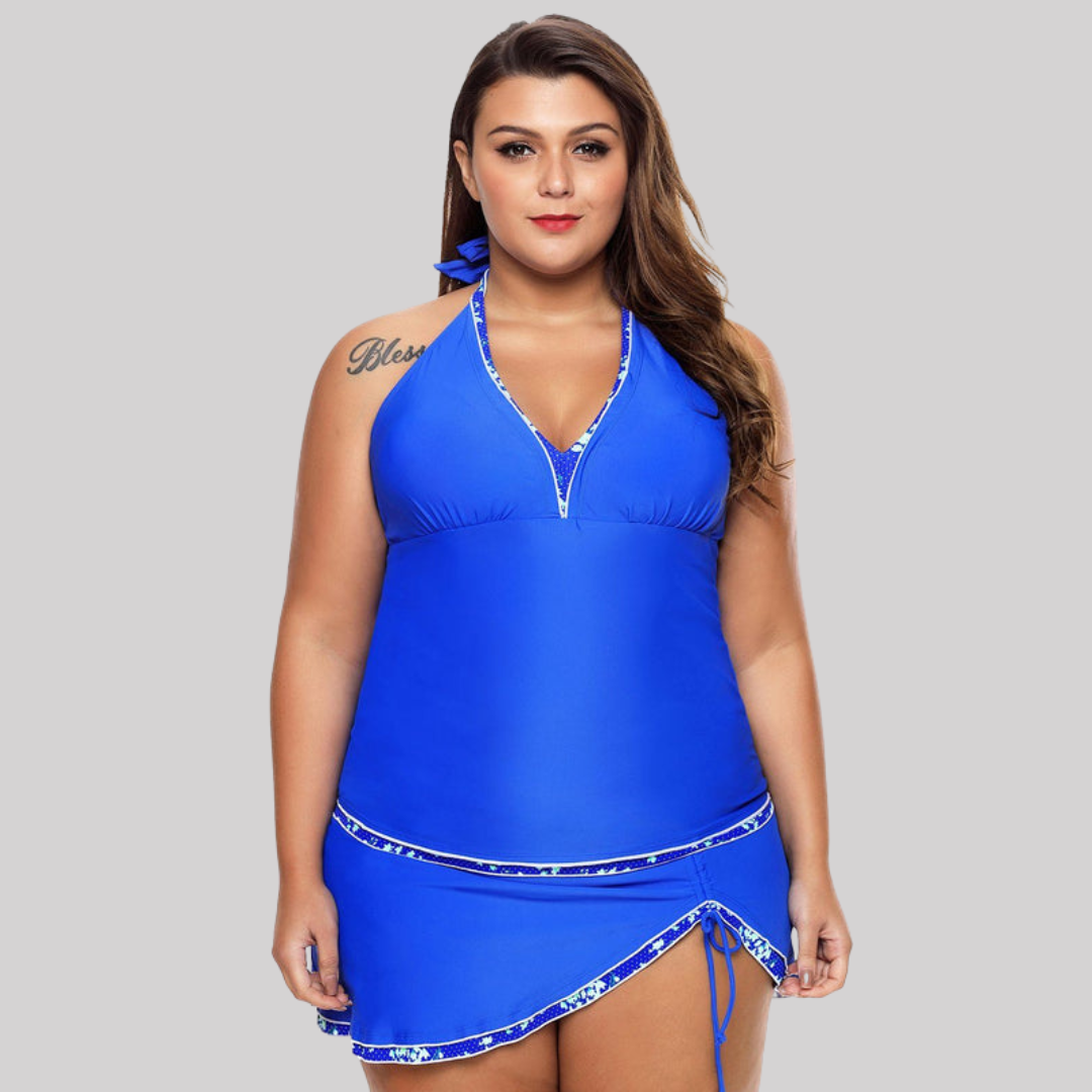 Elegant | Ladies Tankini Set with Deep V Neckline & Ruffled Skirt for Stylish Comfort