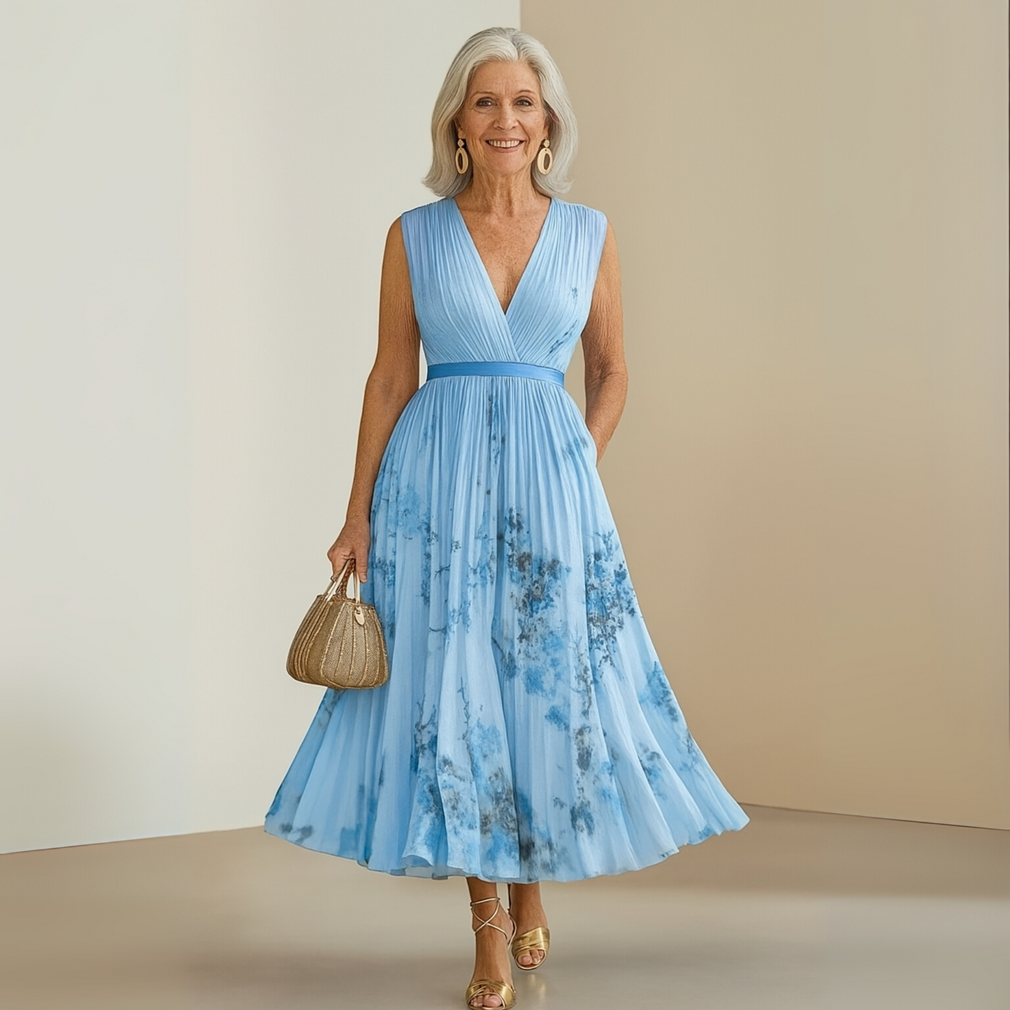 Pleated Sleeveless Maxi Dress with Deep V-Neckline 10
