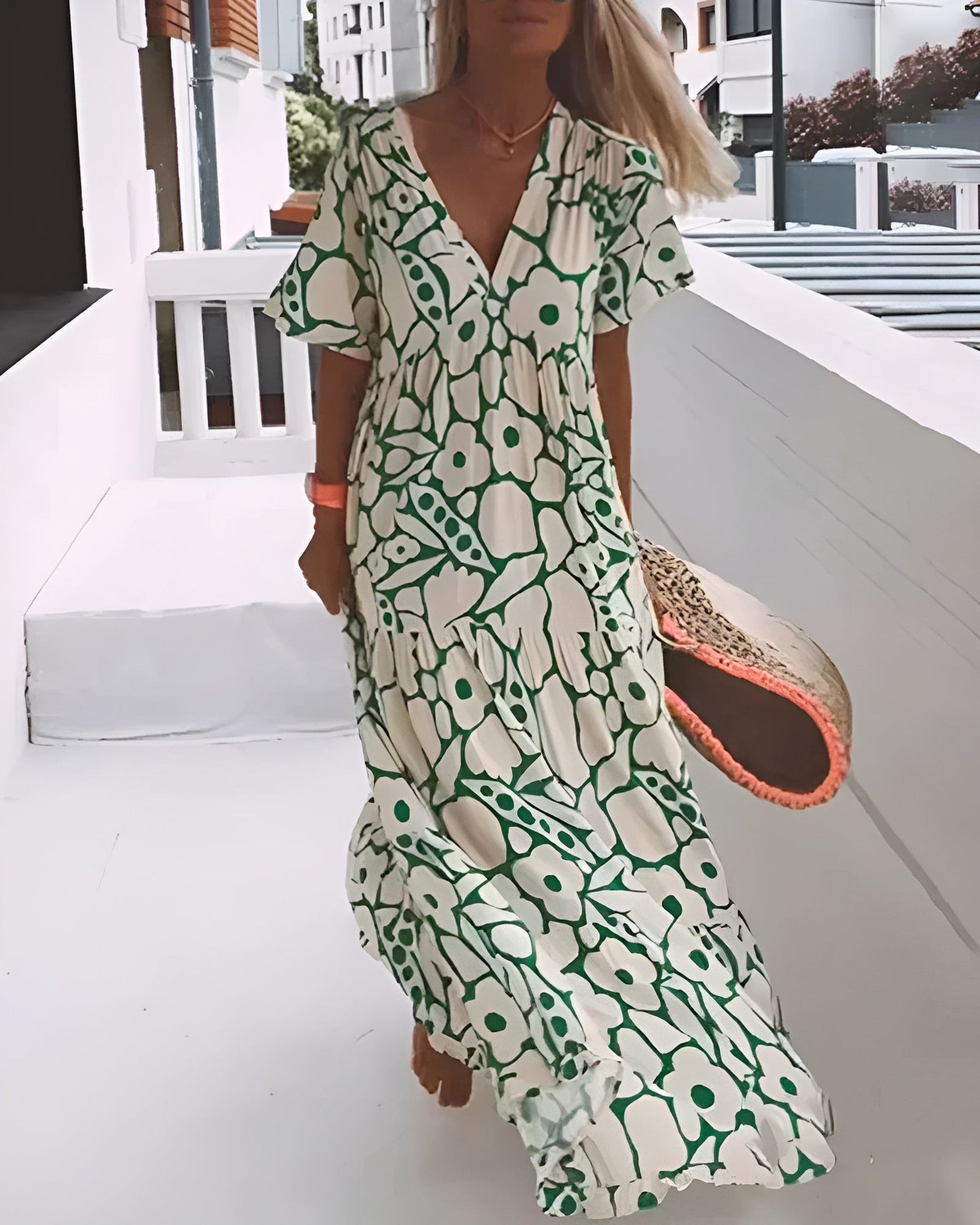 V-Neck Abstract Print Maxi Dress with Flutter Sleeves 1