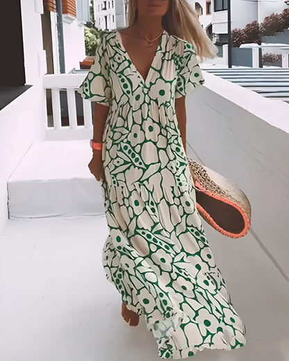 V-Neck Abstract Print Maxi Dress with Flutter Sleeves 1