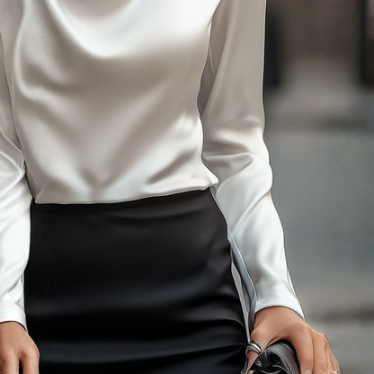 Elegant White Blouse for Women with Draped Neckline | Luxurious Satin Fabric for Sophisticated Style