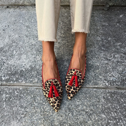 Pointed Loafers for Women with Red Tassels & Animal Print Design | Chic Style for Versatile Outfits