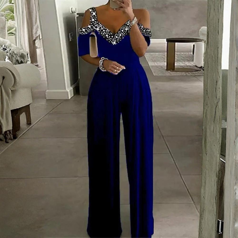 Glam Rhinestone Jumpsuit Off Shoulder Wide Leg Women 3