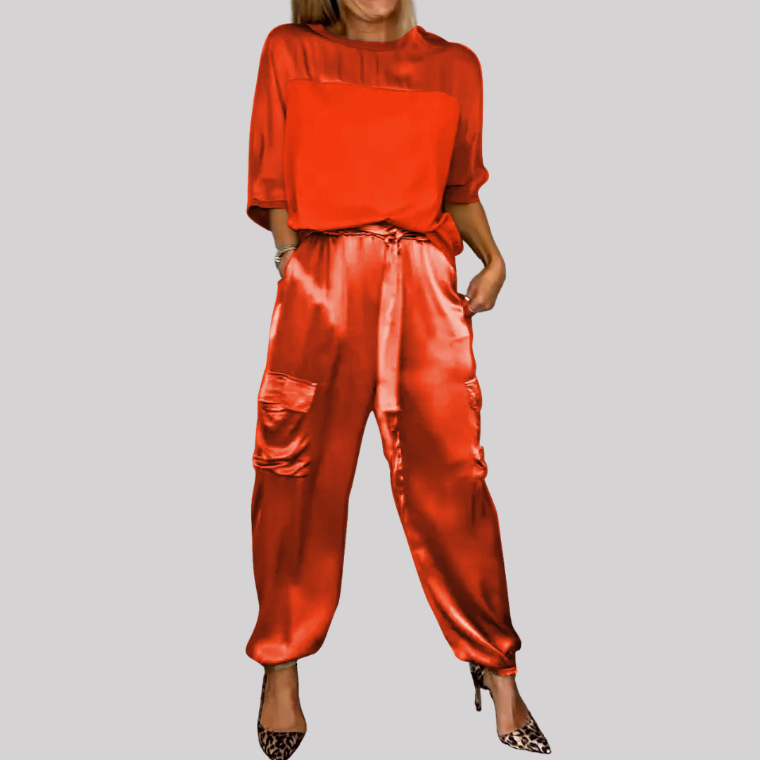 Chic Satin | Women's Two Piece Set with Loose-Fitting Top & Cargo Pants | Effortless Style for Casual & Night Out