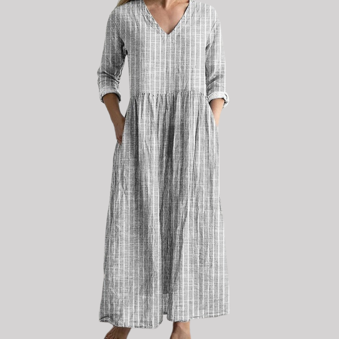 Vintage Stripe Linen Dress | Women's Dress with V-Neck & Ankle-Length Design | Effortless Elegance for Summer Styling