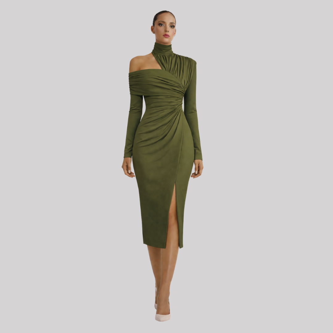 Delphina | Women's Asymmetric Midi Dress with Draped Bodice | Elegant Wedding Guest Attire