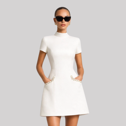 Chic Collection | Women's Mini Dress with Pearl Trim & Pocket Detail | Stylish Versatility for Spring & Summer Occasions