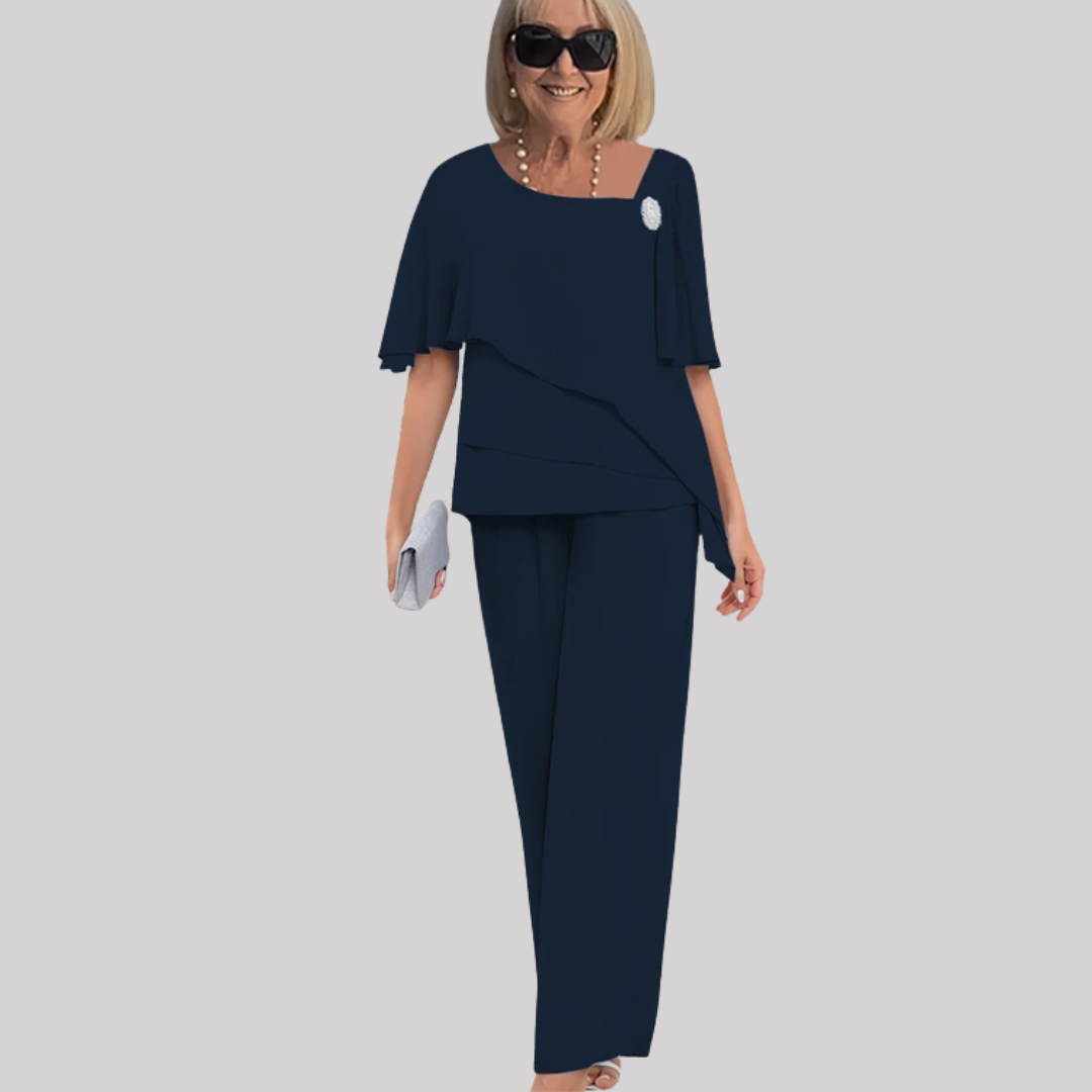 Navy Women's Set | Elegant Two-Piece Overlay with Decorative Brooch | Sophisticated Style for Formal Occasions
