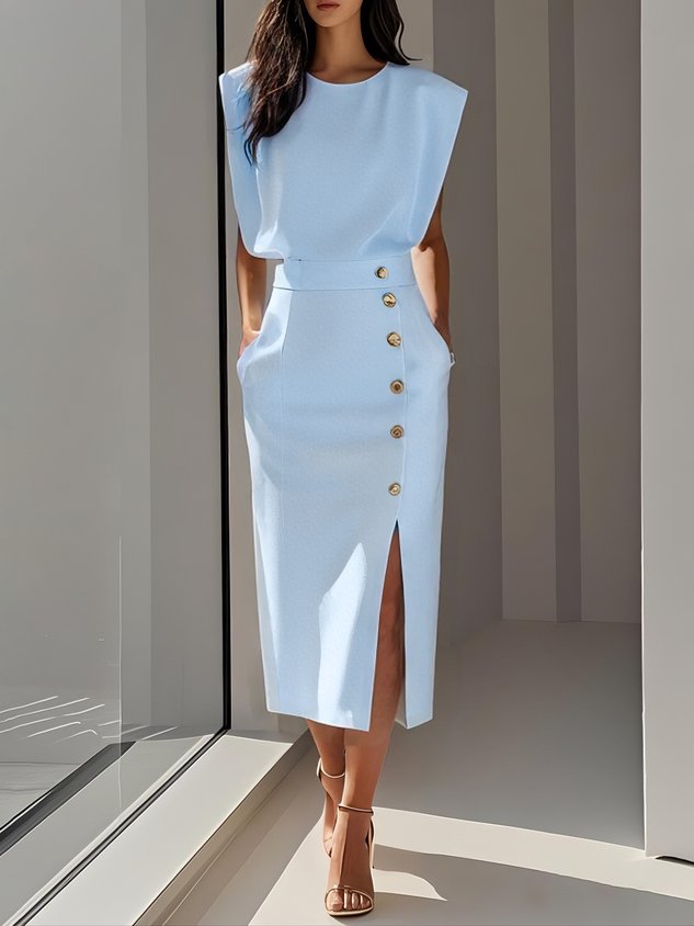 Effortless Charm Midi Dress — Round Neckline & Button Slit Detail 3