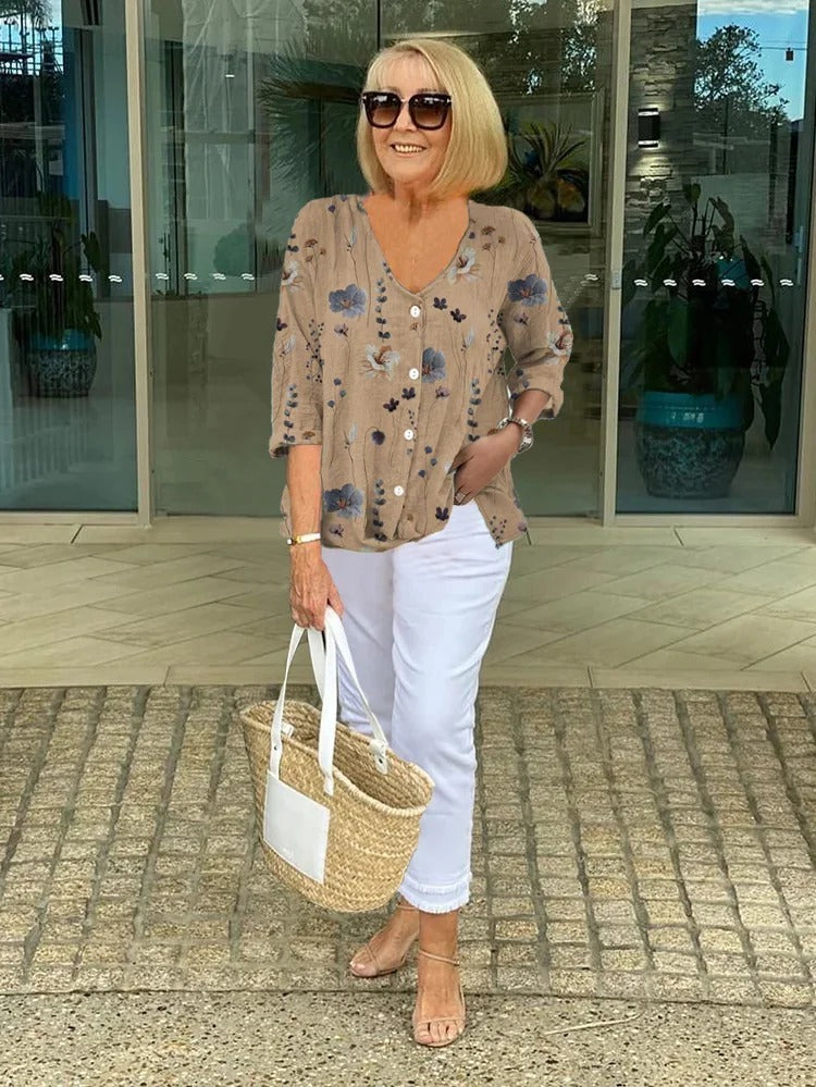 Floral V-Neck Blouse with Button Front & Three-Quarter Sleeves 2