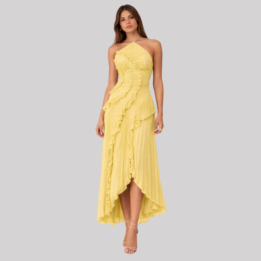Elegant Summer Maxi Dress with Layered Ruffles & Open Back Design for Wedding Guests