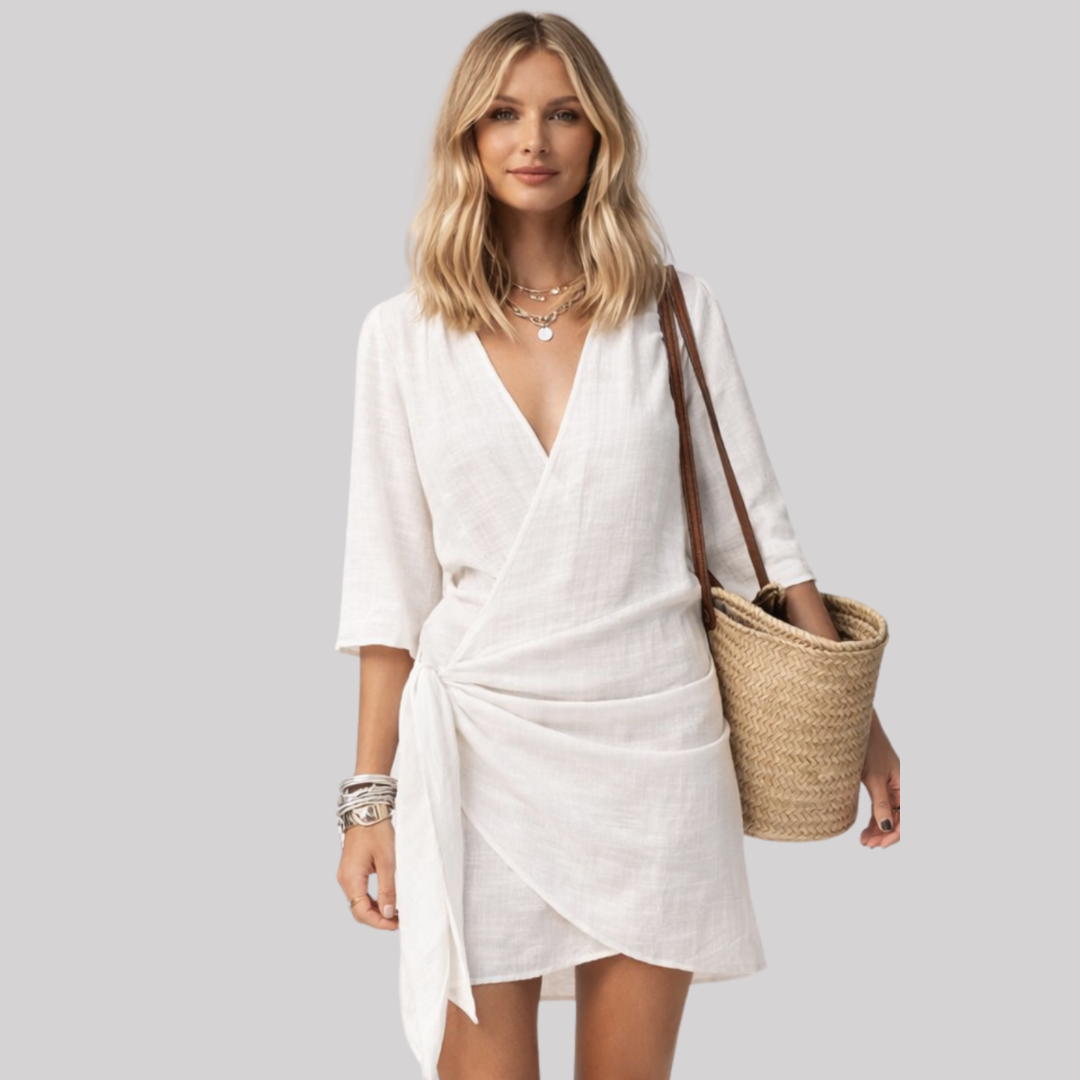 Effortless Summer | Women's Wrap Mini Dress with Tie Waist & Asymmetrical Hem | Lightweight Linen for Comfort