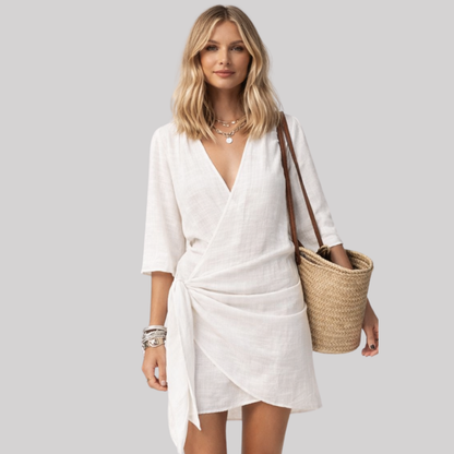 Effortless Summer | Women's Wrap Mini Dress with Tie Waist & Asymmetrical Hem | Lightweight Linen for Comfort