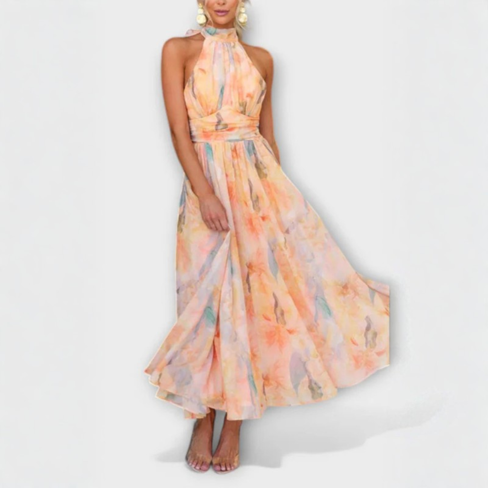 Elegant Maxi Dresses for Women | Floral Print Halter Neck Design | Flowy Silhouette for Warm-Weather Events