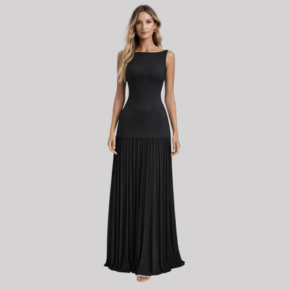 Elegant Pleated Maxi Dress with Structured Skirt for Formal Occasions | Long Dresses for Women