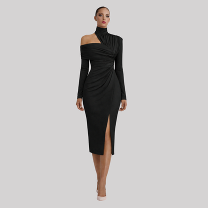 Delphina | Women's Asymmetric Midi Dress with Draped Bodice | Elegant Wedding Guest Attire