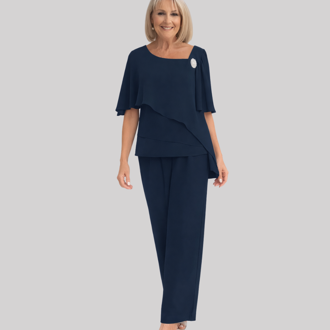 Navy Women's Set | Elegant Two-Piece Overlay with Decorative Brooch | Sophisticated Style for Formal Occasions