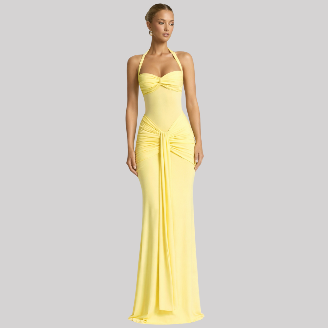 Elegant Maxi Dress | Halter Neck Long Dress with Ruched Bodice | Perfect for Formal Events