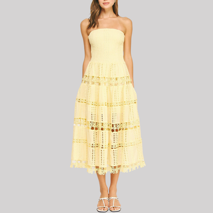 Elegant Eyelet Midi Dress | Women's Formal Dresses with Scalloped Lace Trim | Timeless Style for Effortless Elegance